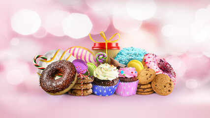 Group of Various confectionery on a pink blurred background