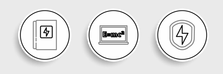 Set line Secure shield with lightning, Electrical panel and Equation solution icon. Vector