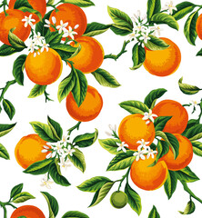 Seamless pattern with orange fruits, flowers and leaves on a white background. Vector illustration.