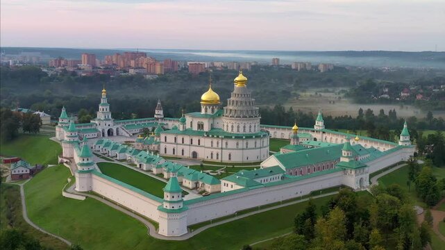 Drone footage of New Jerusalem Monastery on summer sunrise. Istra, Moscow Oblast, Russia.