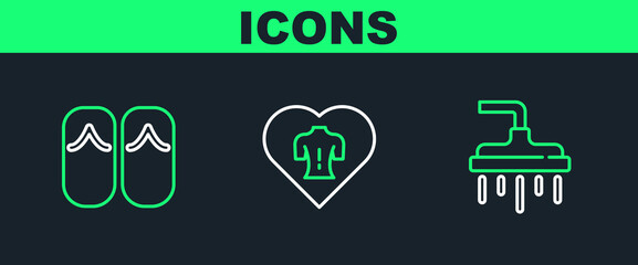 Set line Shower head, Flip flops and Massage icon. Vector