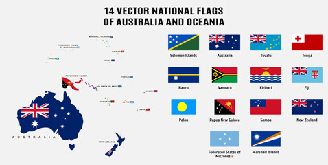 14 Vector national flags and map of Australia and Oceania