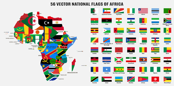 56 Vector national flags and map of Africa