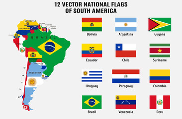 12 Vector national flags and map of South America