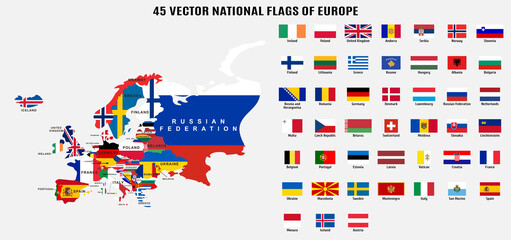 45 Vector national flags and map of Europe
