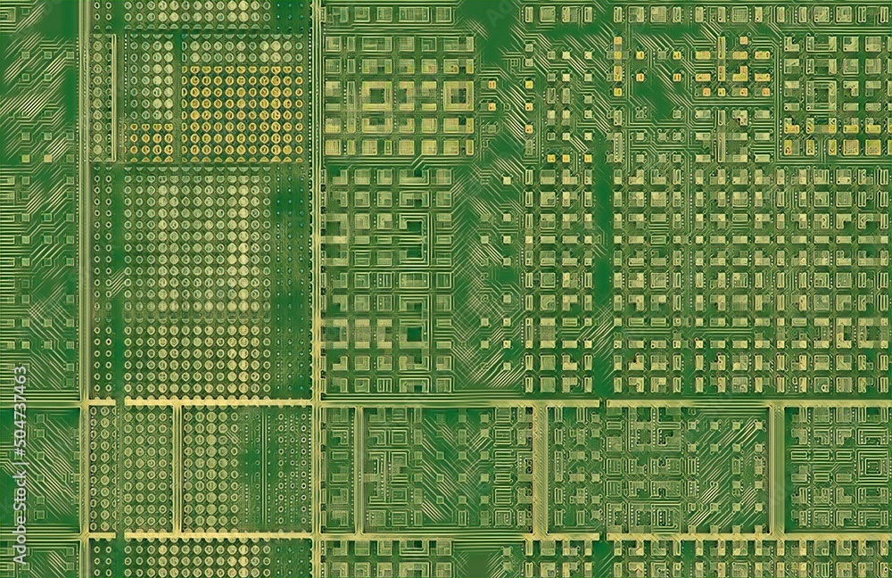 Poster stylized computer motherboard with cpu processors and chips with connections green shades