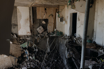  Chernihiv Ukraine 2022: Destroyed apartments after the air raid. Inside view. Ruins during...