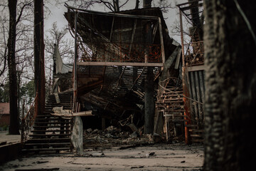 Bucha, Kyiv region, Ukraine - May 1, 2022: Russia's war in Ukraine. Damaged residential building