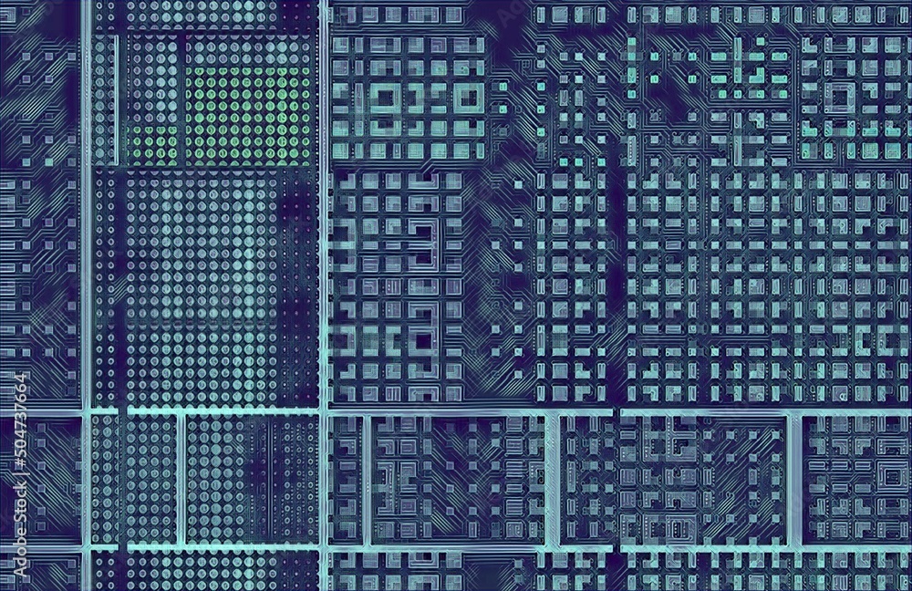 Poster stylized computer motherboard with cpu processors and chips with connections
