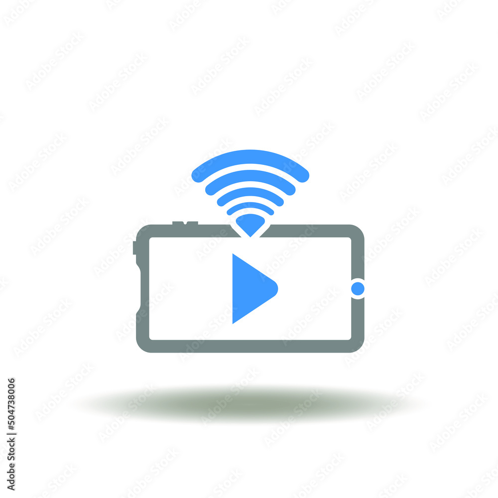 Poster vector illustration of smartphone with play button and wireless wi-fi signal. icon of live stream. s