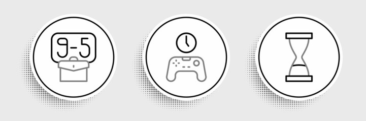 Set line Old hourglass with sand, From 9 and Gamepad of time icon. Vector