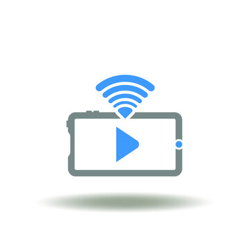 Vector illustration of smartphone with play button and wireless wi-fi signal. Icon of live stream. Symbol of broadcasting, online streaming.