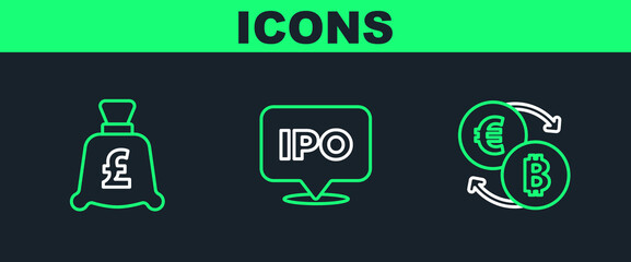 Set line Cryptocurrency exchange, Coin money with pound and IPO icon. Vector