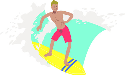 サーフボードで波に乗る男性