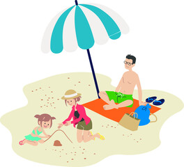 浜辺でパラソルの元で遊ぶ家族