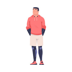Fototapeta premium Man Character with Robotic Body Part or Limb Prosthesis Restoring Normal Functioning Vector Illustration