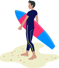 砂浜でサーフボードを抱える男性