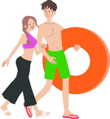 浮き輪をもって歩くカップル