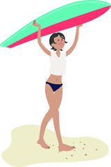 砂浜でサーフボードを持ち上げる女性