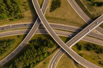 Drone view of highway and many intersection bridges