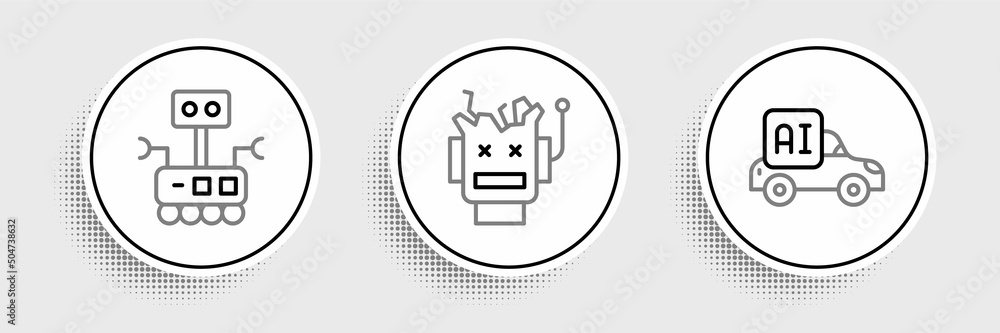 Poster set line autonomous smart car, robot and broken robot icon. vector