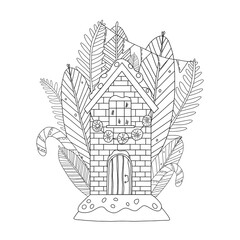 Hand drawn illustration. Christmas house. Picture coloring