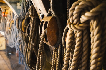 Ropes, pulleys on board the dutch indie sailed VOC ship The Batavia