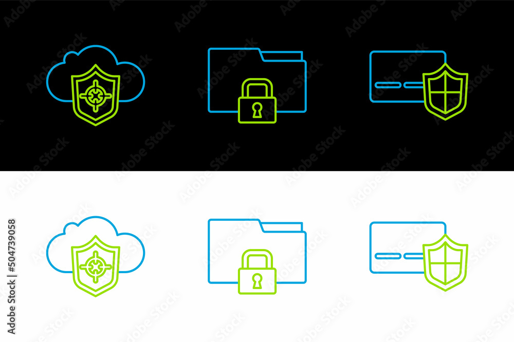 Poster set line credit card with shield, cloud and and folder lock icon. vector