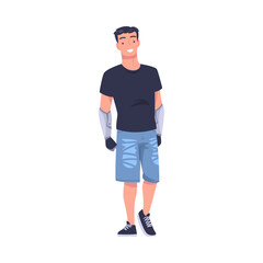 Fototapeta premium Happy Man Character with Replaced Robotic Arms as Body Part Prosthesis Restoring Normal Functioning Vector Illustration