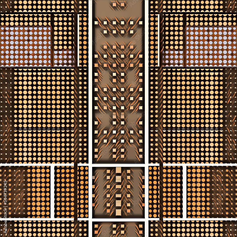 Poster stylized computer motherboard with cpu processors and chips with connections in metallic copper and 