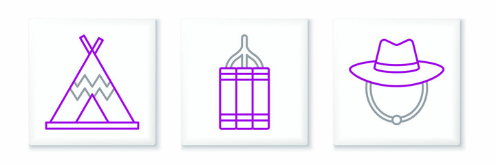 Set line Western cowboy hat, Indian teepee or wigwam and Dynamite bomb icon. Vector © Oksana