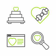 Set line Search heart and love, Dating app online, Candy shaped box and Wedding cake with icon. Vector