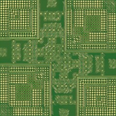 stylized computer motherboard with CPU processors and chips with connections in shades of green