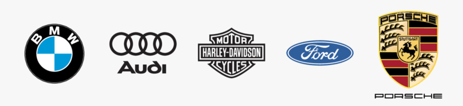 BMW Logo, Ford Logo, Audi Logo, Porsche Logo, Harley Davidson Logo. Auto and moto vector logo illustration. Isolated vector logo on white background.