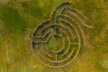 Drone top down photography of decorative lavender maze