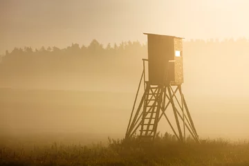 Poster hunting tower at sunrise, which is photographed in the field near the village of Staré sedlo in southern Bohemia at sunrise and morning fog. © Petr