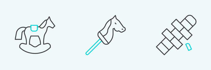 Set line Hopscotch, Horse in saddle swing and Toy horse icon. Vector