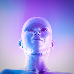 Female artificial intelligence dawn - 3D illustration of beautiful science fiction chrome robot girl in soft pastel light