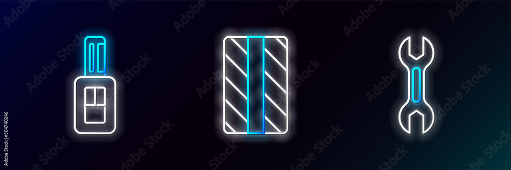 Sticker Set line Wrench spanner, Car key with remote and tire wheel icon. Glowing neon. Vector