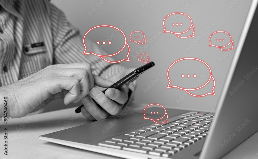 Poster man using phone for responding to negative feedback and reviews, bad comments, customers claims and 