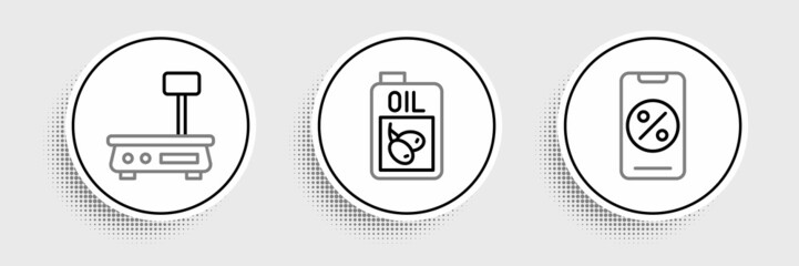 Set line Percent discount and mobile, Electronic scales and Bottle of olive oil icon. Vector
