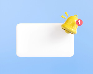 3d reminder popup bell push notification symbol. Empty application message on blue background. Blank note icon copy space for text. 3d render illustration minimal style.