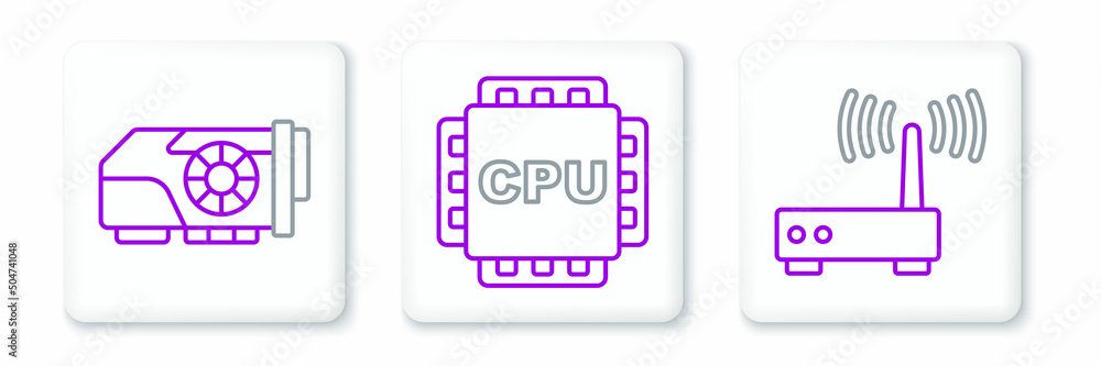 Poster set line router and wi-fi signal, video graphic card and processor with cpu icon. vector