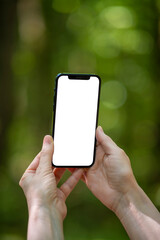 Person using a phone with blank screen in the green forest. Close-up