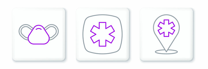 Set line Location hospital, Medical protective mask and Emergency - Star of Life icon. Vector