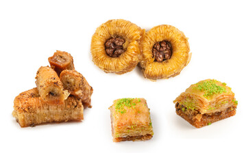 Pistachio baklava on a white background. Dessert.