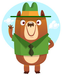 Cartoon funny bear scout ranger wearing green hat. Vector illustration isolated