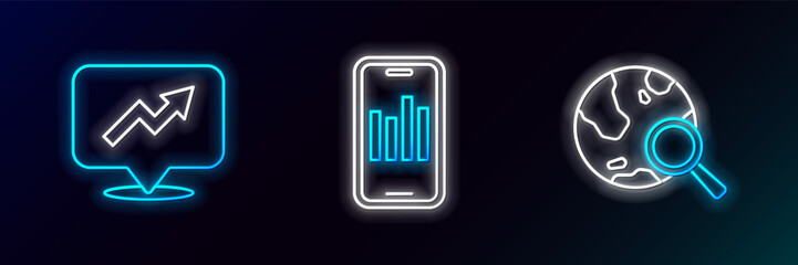 Set line Search globe, Financial growth and Mobile with graph icon. Glowing neon. Vector