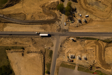 Drone top down view of road and construction