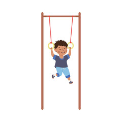 Little Boy Engaged in Physical Education Hanging on Chinning Bar with Rings During Class at School Vector Illustration
